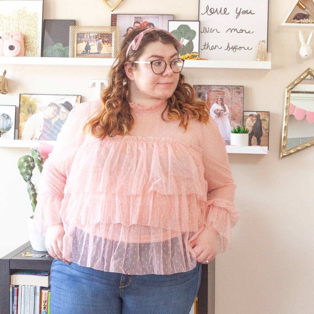 SHEIN Sheer High Neck Keyhole Back Tiered Blouse